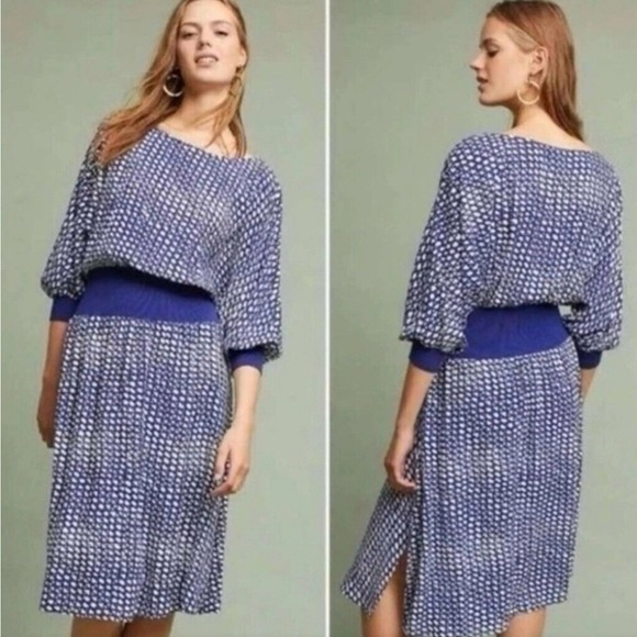 Anthropologie Maeve Gemma Midi Dress Blue White Geo Print Dolman Slv LP Petite - Picture 1 of 8